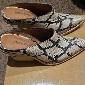 Jeffrey Campbell Black and Cream Snake Pattern Mules